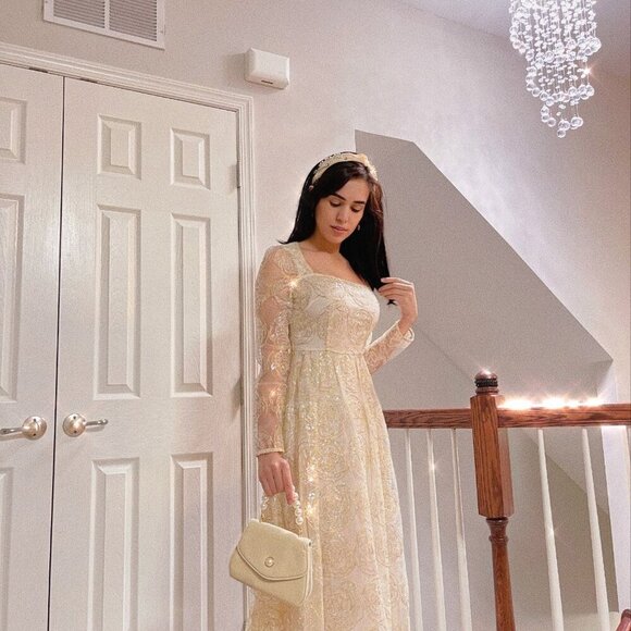 Midi Lace Floral Cream Christmas/New Year's Party Dress - Picture 4 of 5